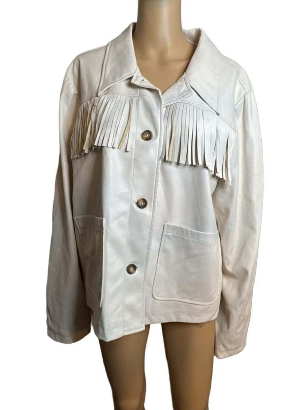 A.N.A White Faux Leather Fringe Jacket XL